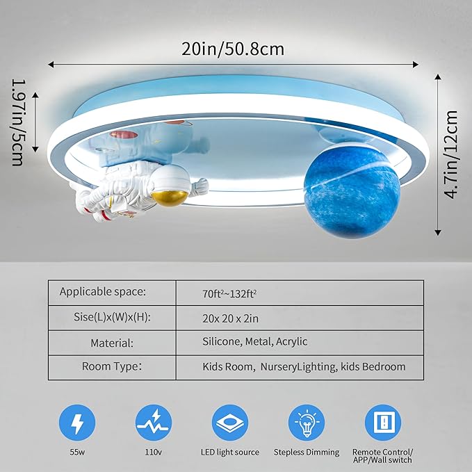 Astronaut Ceiling Light Fixture 20" Dimmable Kids Flush Mount Ceiling Lights - Image 5