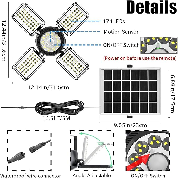 Solar Shed Light Outdoor Indoor Upgrade 1200LM 174LED 4 and 1 Heads Motion - Image 3
