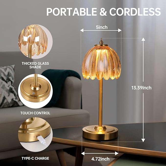 Tulip Table Lamp with 5000mAh Battery & Touch Control, Small Cordless Table - Image 9