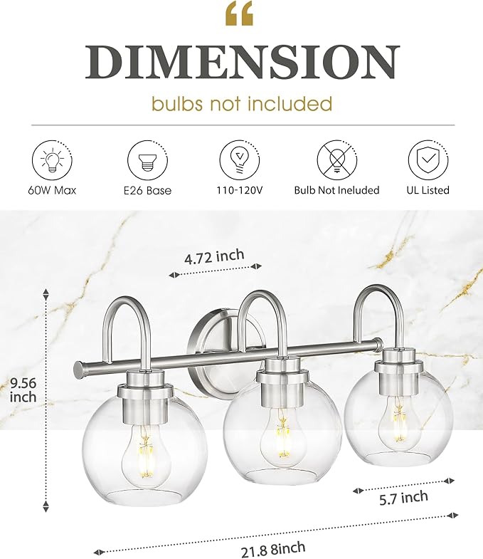 Bathroom Light Fixtures, 3-Light Brushed Nickel Vanity Lights Over Mirror - Image 2