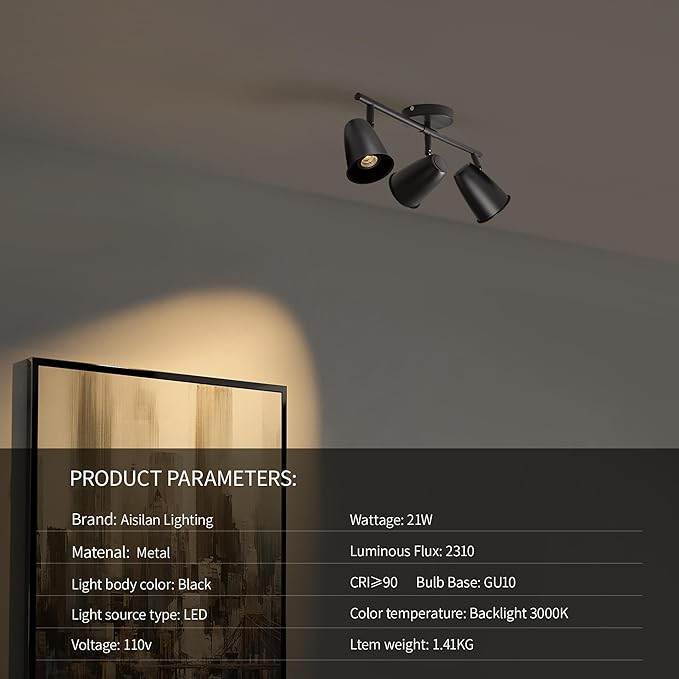 Aisilan LED 3-Light Track Lighting Fixtures Ceiling, Matte Black GU10 Track - Image 7