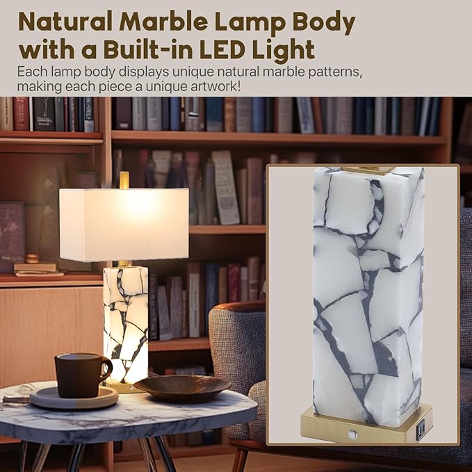 Natural Marble Table Lamps Set of 2: 3-Color Temperatures Alabaster Lamp - Image 6