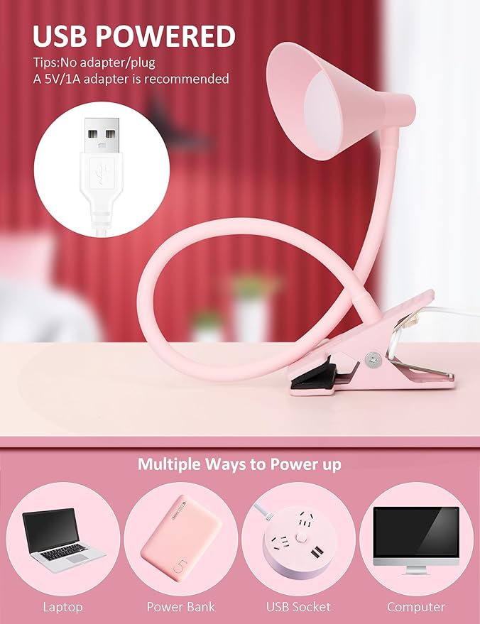 Pink Small Desk Lamp Clip on LED Reading Light - Image 7