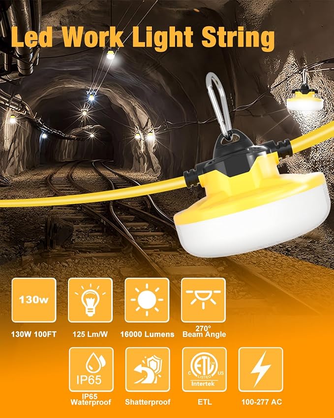 LED Construction String Light 100FT, 130W 16000Lm Industrial LED String Work - Image 2