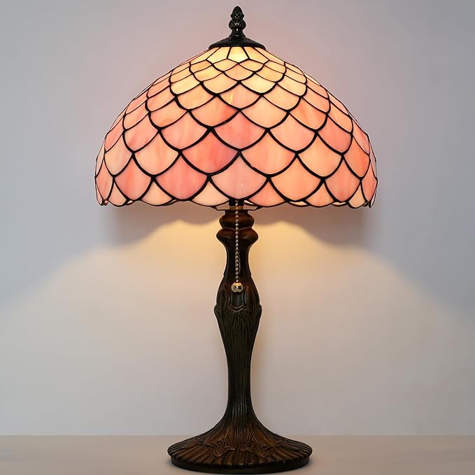 Tiffany Lamp Stained Glass Table Lamp 12” x 19” Pink Fish Scales Style - Image 3
