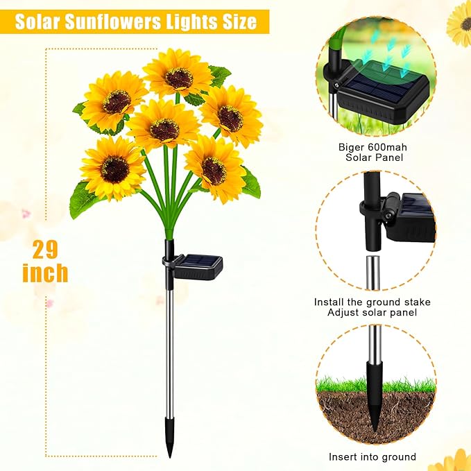 Solar Outdoor Lights Garden Decor, 6 Pack Solar Sunflower Lights, 36 Waterproof - Image 4