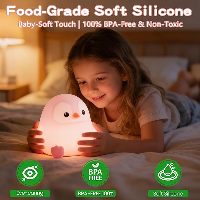 Penguin Night Light for Kids, Cute Pink Penguin Lamp, Soft Silicone Nursery - Image 4