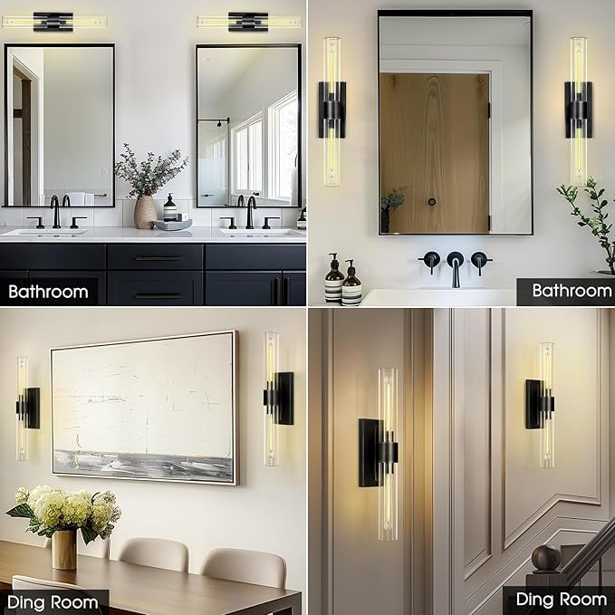Bathroom Black Vanity Wall Sconces, 2-Light Glass Tube Wall Sconces, Horizontal - Image 6