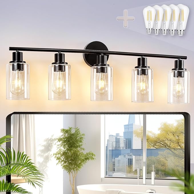 DLLT 5-Light Bathroom Light Fixtures: Black Modern Vanity Lights by DINGLILIGHTING