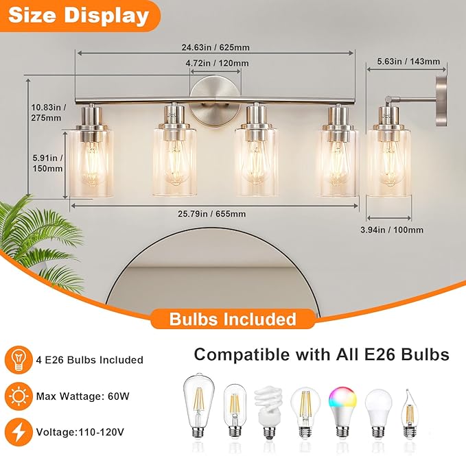 DLLT 4-Light Bathroom Light Fixtures: Nickel Modern Vanity Lights - Image 6