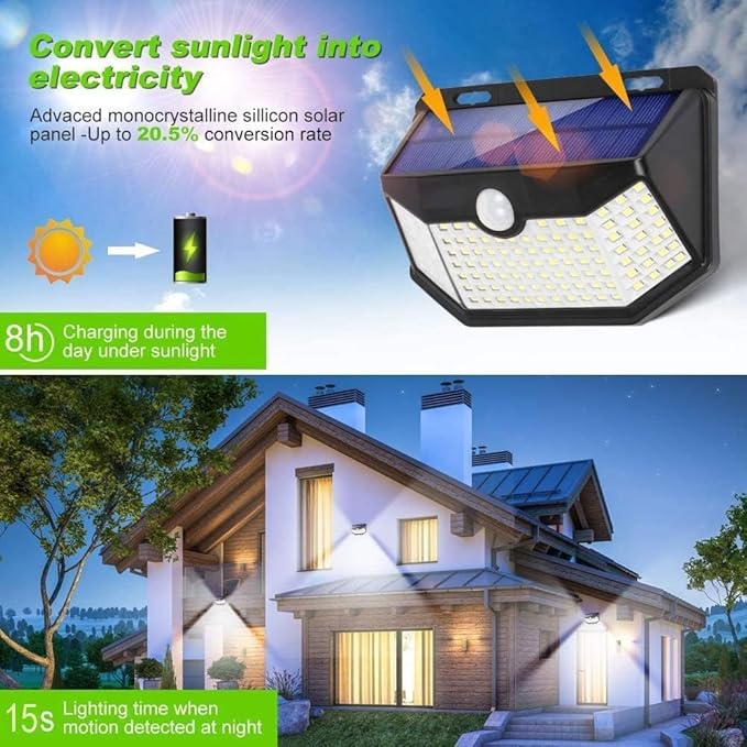 HMCITY Solar Lights Outdoor 120 LED 3 Lighting Modes, Motion Sensor Wall Lights - Image 2