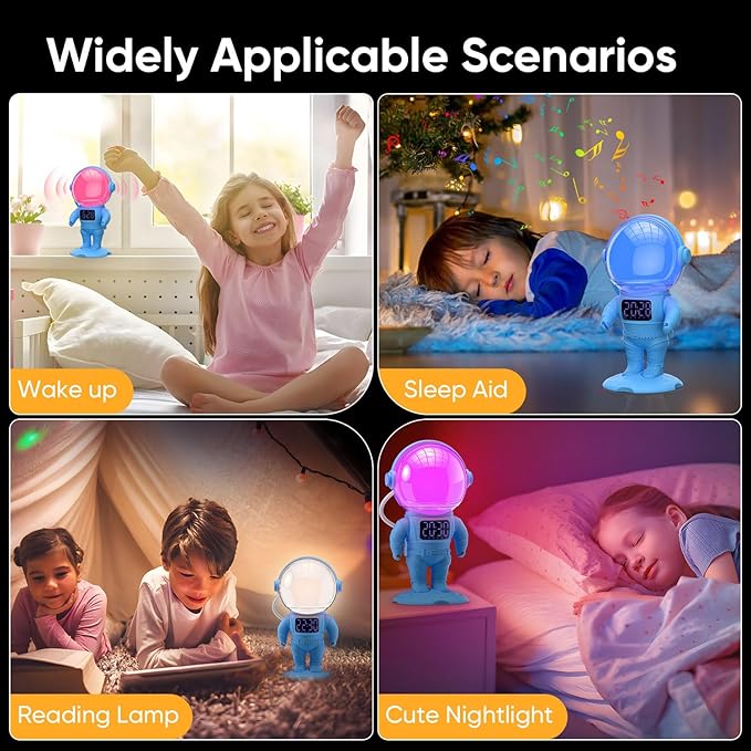 Astronaut Sunrise Alarm Clock for Kids, 22 Dimmable Nightlights, Dual Digital - Image 6