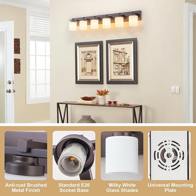 6 Light Modern Bathroom Light Fixtures Over Mirror, Bronze Finish Vanity Lights - Image 3