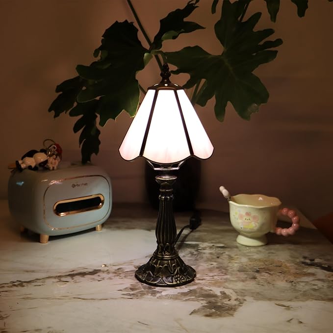 Small Tiffany Table Lamp Pink Stained Glass Desk Lamps 6X6X14 Inch Bronze Resin - Image 8