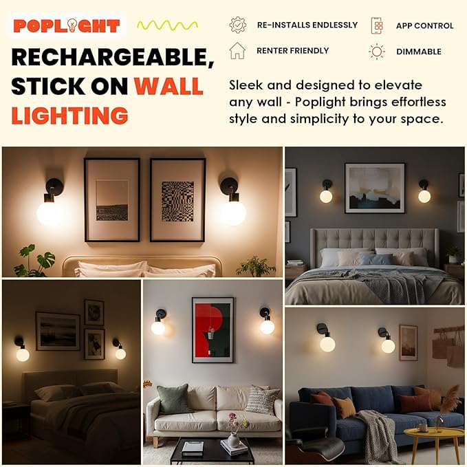 Wireless Wall Sconce Rechargeable & Dimmable LED Light w/App Control & - Image 2