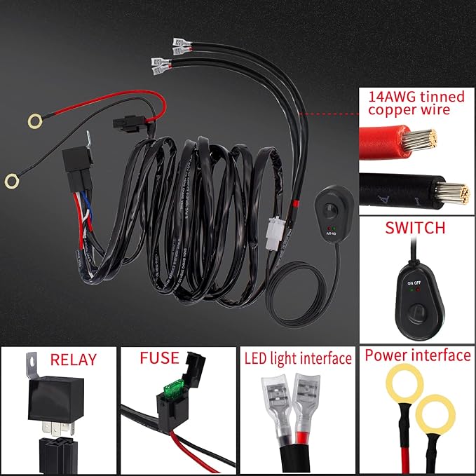 LED Lights Bar Wiring Harness Kit 2 Leads DC12V On-Off Switch Power Relay Blade - Image 3
