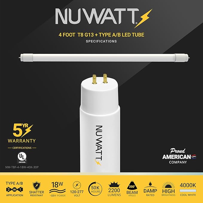 NUWATT 30 Pack 4 FT LED T8 Tube Light, T10 T12 Hybrid Type A+B, 4000K Cool White - Image 2