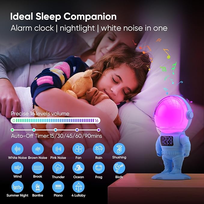 Astronaut Sunrise Alarm Clock for Kids, 22 Dimmable Nightlights, Dual Digital - Image 5