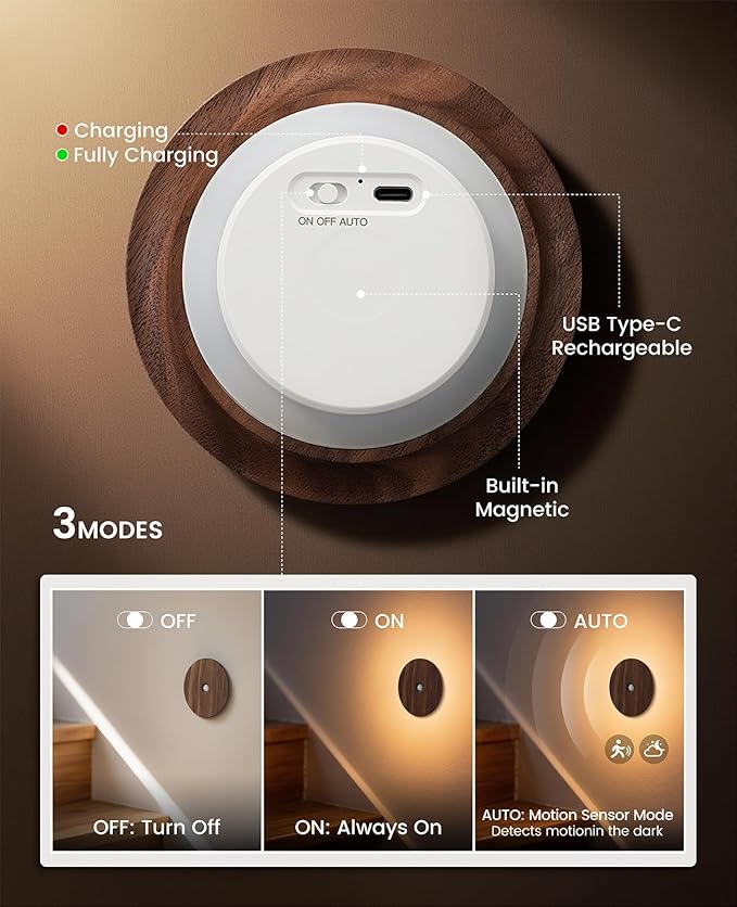 Motion Sensor Night Light Wood Rechargeable Battery-Powered Stick-On Step - Image 3