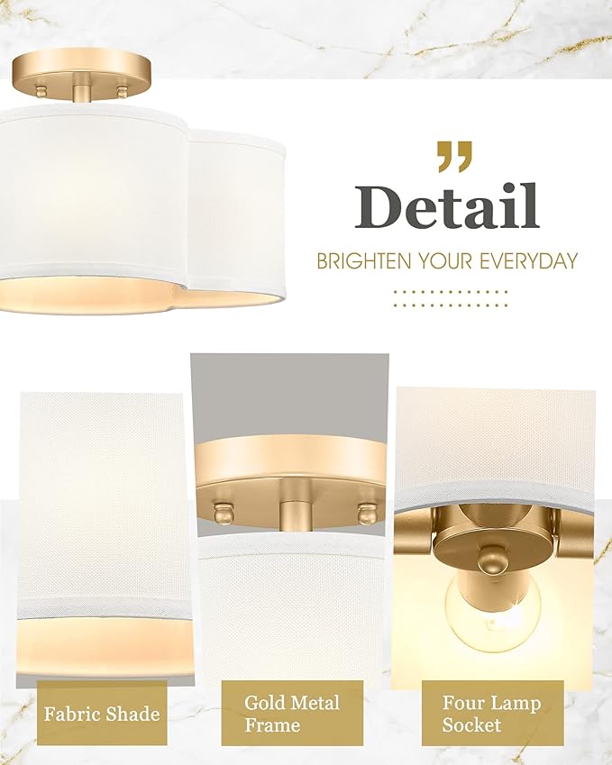 Gold Semi Flush Mount Ceiling Lights, Farmhouse Brass Drum Lighting - Image 2