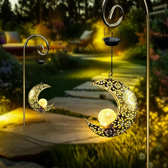 Solar Garden Hanging Moon Lights Outdoor Decor, Metal Lanterns Art Decorations - Image 8