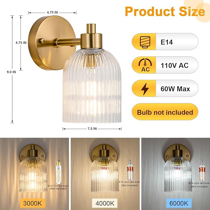 Gold Modern Wall Sconce Set of 2 Glass Bathroom Vanity Lighting Fixture Sconces - Image 7