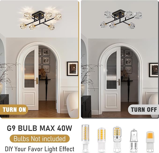 6-Light Modern Sputnik Ceiling Light Fixture，Crystal Semi Flush Mount Ceiling - Image 4