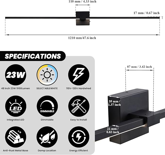 URSOLA Black Bathroom Light Fixtures, 48 inch Modern LED Vanity Lighting Over - Image 3