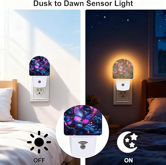 Glowing Purple Butterfly Night Light, Dusk-to-Dawn Auto Sensor Plug in Night - Image 3