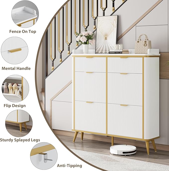 Fluted Shoe Cabinet Storage, Modern Slim Shoe Organizer Cabinet - Image 8