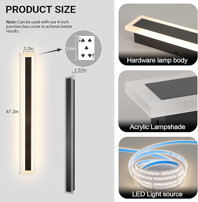 47 Inch Long Outdoor Wall Lights 3000K Black Exterior Light Fixtures Wall Mount - Image 5