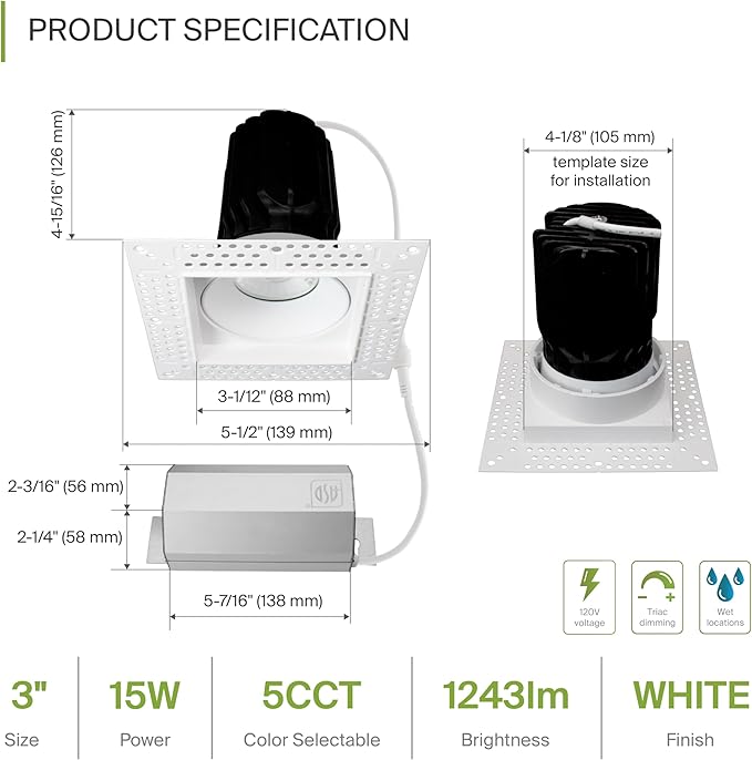 ASD Trimless 3 Inch LED Square Recessed Lighting, 15W 120V Triac Commercial - Image 2