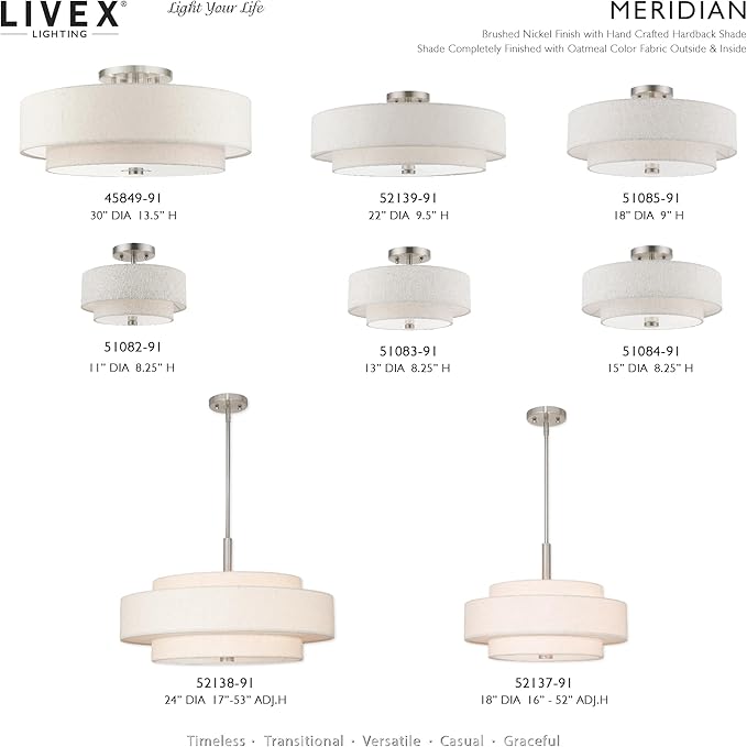 Livex Lighting Fabric Shade 52138-91 Meridian 5 Light Brushed Nickel Pendant - Image 5