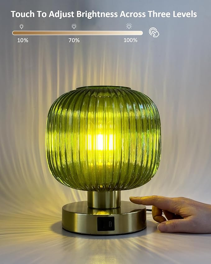 Big Touch Table Lamp, Elegant Green Glass Bedside Lamp 3 Way Dimmable - Image 3