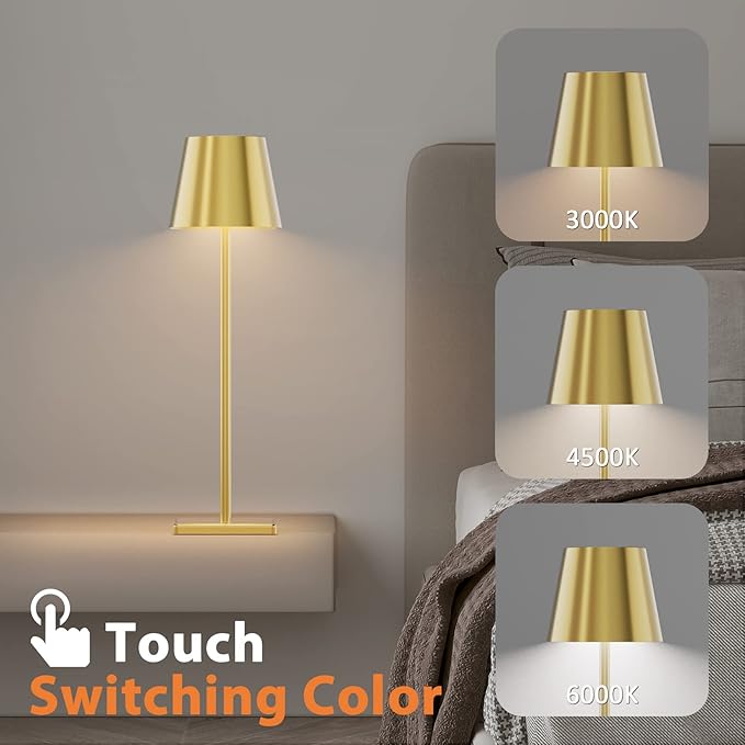 Gold Cordless Table Lamp, 5500mAh Battery Powered Table Light Brass, 3 Color - Image 4