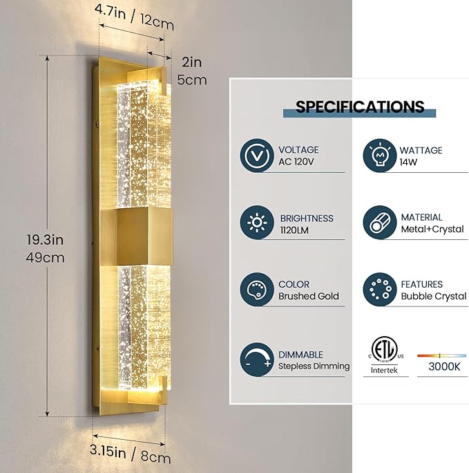 WOSHITU LED Wall Sconce Light: 19 Inch Gold Modern Sconces Wall Lighting 3000K - Image 2