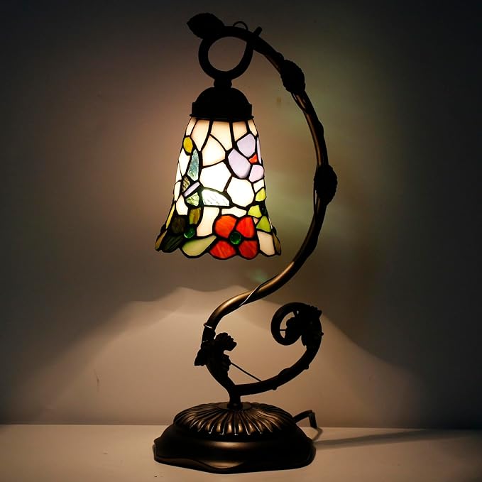 Tiffany Lamp Stained Glass Desk Reading Bedside Light, Metal Leaf Table Lamp by ANYONGLU