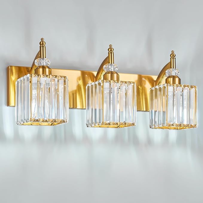 Modern Bathroom Vanity Light 3-Light Gold Crystal Light Fixtures Over Mirror by BBLLWJ