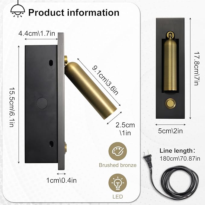 Set of 2 Led Headboard Wall Light, 350°Rotation Portable Plug in Wall Sconce - Image 4