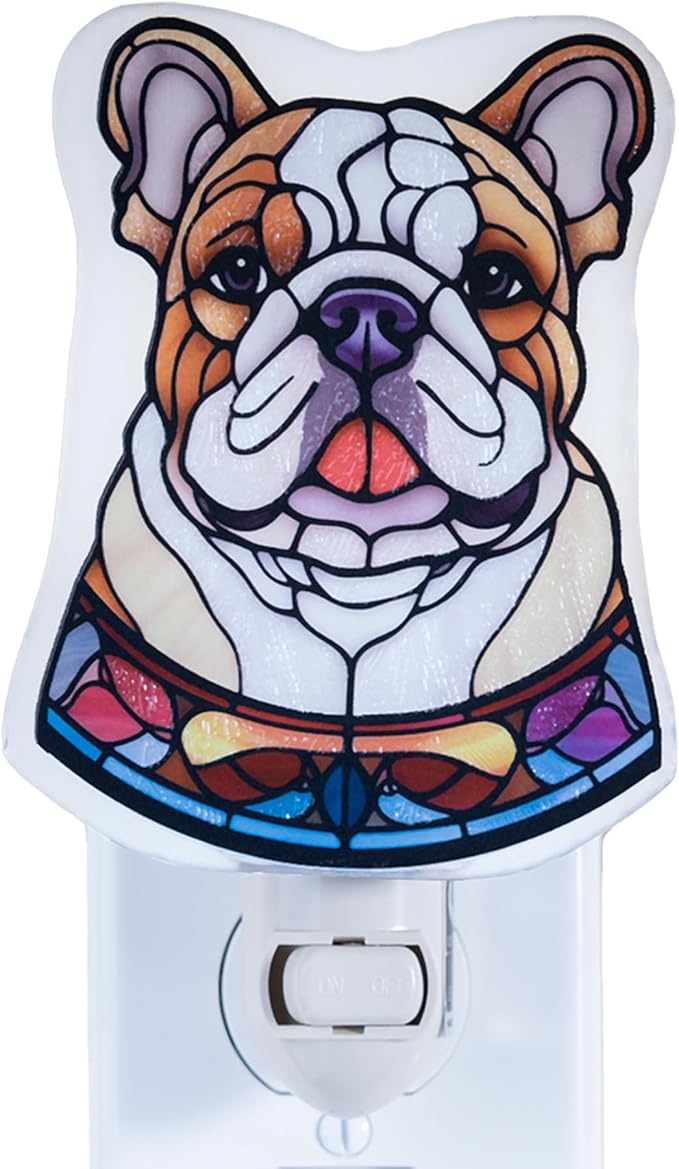 English Bulldog Dog Shaped Night Light – Stained Glass Styled Cutout Design – by Unknown
