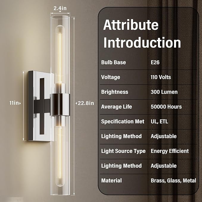 Nickel Wall Sconces Set of Two, Brass 22.8" Sconces Wall Lighting, Bathroom - Image 2