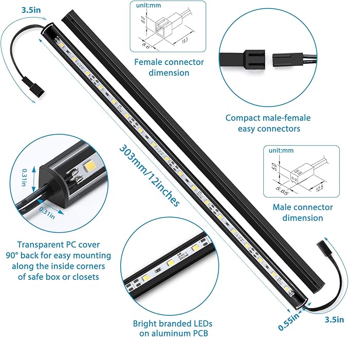 Litever LED Safe Lighting Kit. Door Control Activated. 6 pcs Slim 12 inch Light - Image 2