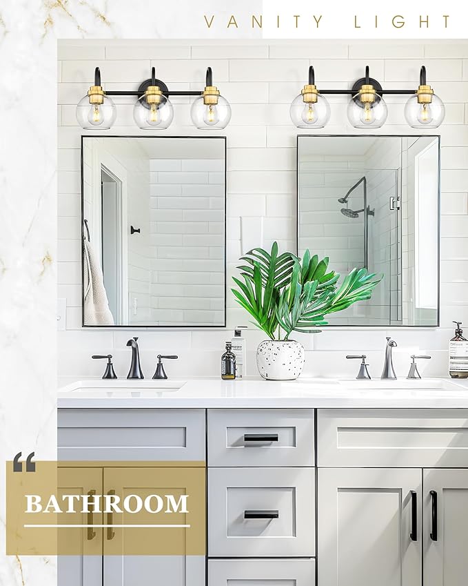 Bathroom Light Fixtures, 3-Light Black and Gold Vanity Lights - Image 5