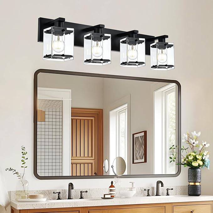 4-Light Bathroom Vanity Light Fixture, Modern Black Wall Lighting Over Mirror - Image 2