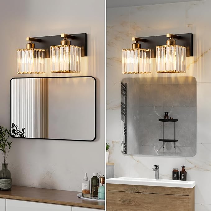 Modern Bathroom Vanity Light 2-Lights Black Gold Crystal Bathroom Wall Light - Image 4