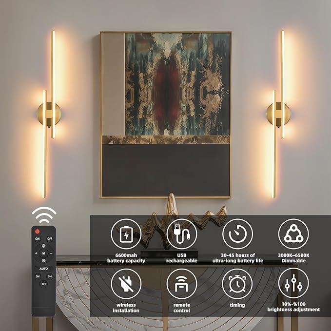 Battery Operated Wall Sconce Set of 2, Wireless Wall Light USB Rechargeable - Image 2