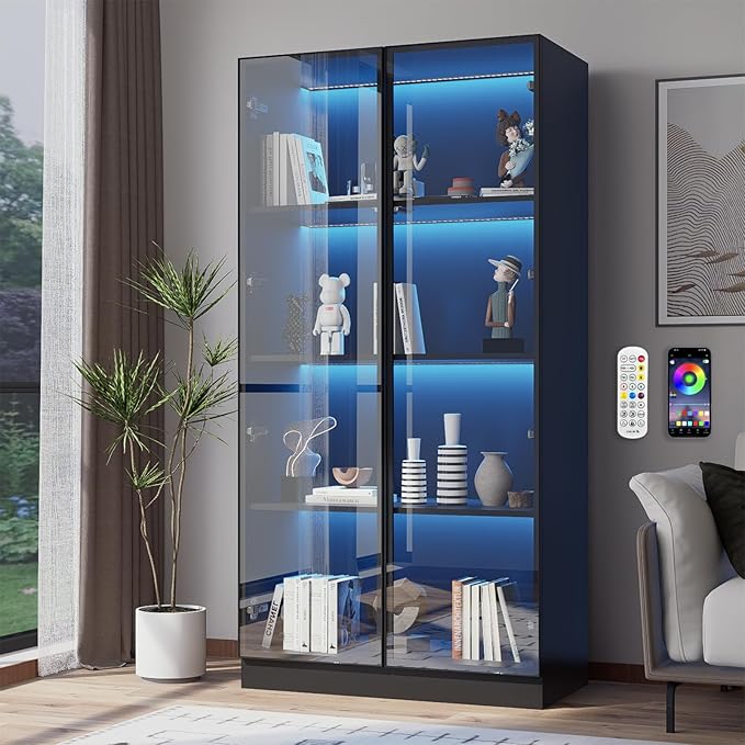Glass Display Cabinet with LED Lights, Display Case Bookcase with 4-Tier Shelves by ZORPLIX