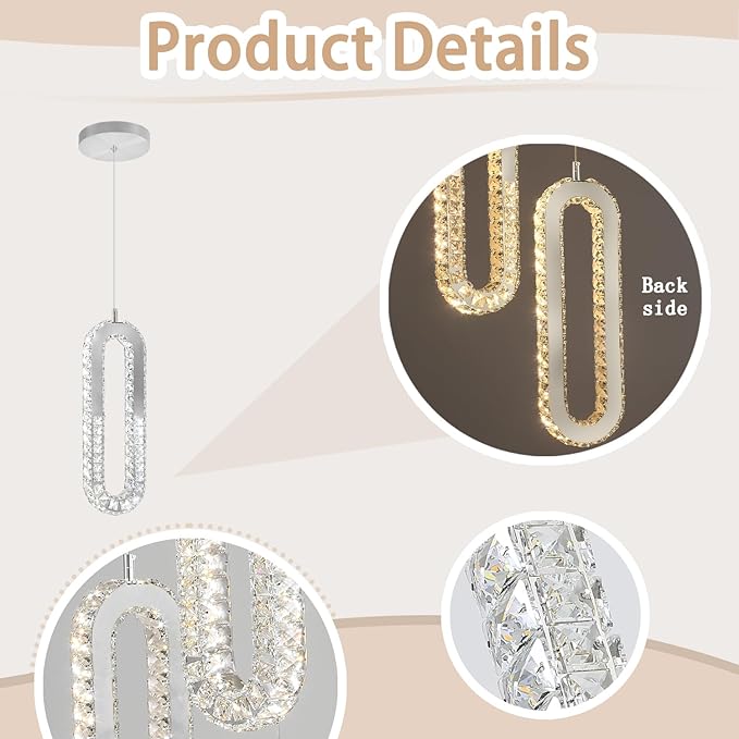 1-Ring Chandelier Silver Modern Pendant Lighting LED Dimmable Hanging Crystal - Image 5