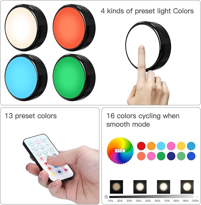 HELPLEX LED Puck Lights with Remote, 3 Pack Color Changing RGBW Stick-On Light - Image 8