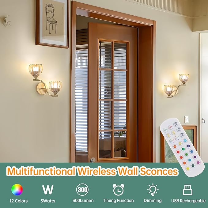 Battery Operated Wall Sconce, 2-Lights Vinatge Brass Wall Lighting - Image 2